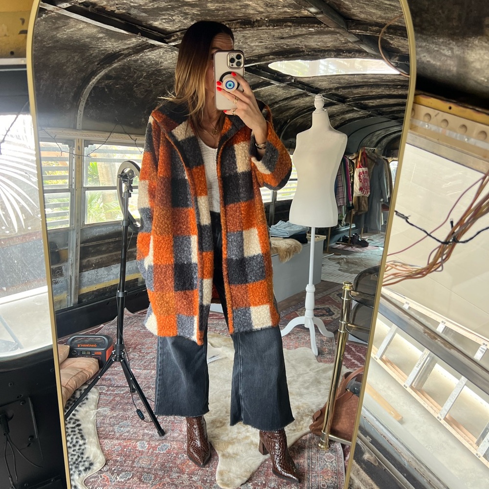 Plaid Wool-Blend Jacket - Orange, Black, Cream
